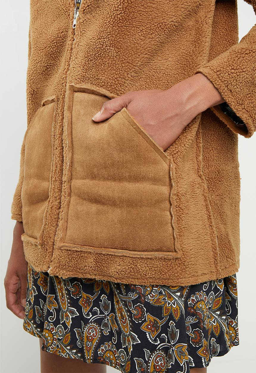 Missguided - Reversible zip through borg jacket - tan