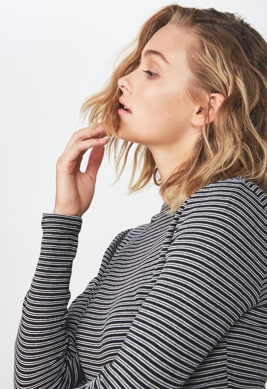 Cotton On - Mock neck chop long sleeve striped tee - black & white
