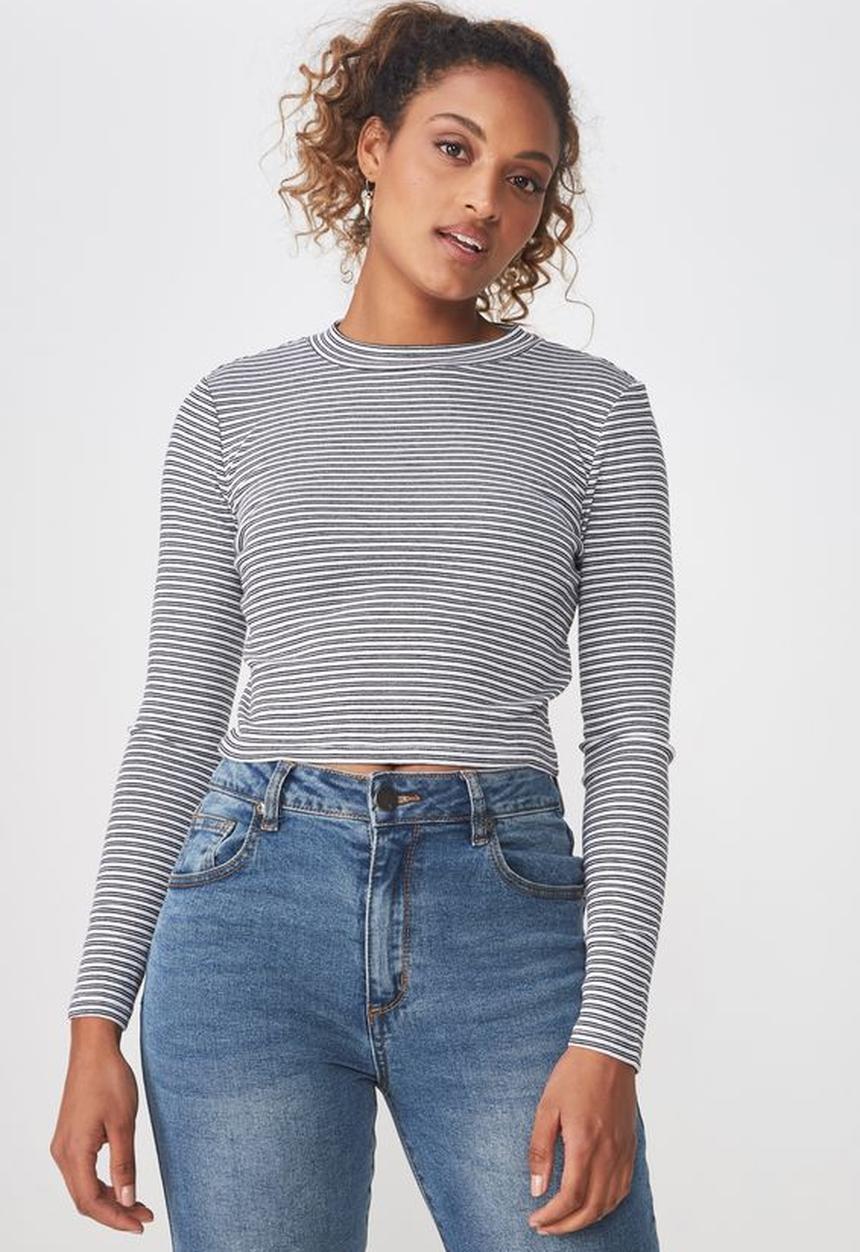 Cotton On - Mock neck chop long sleeve striped tee - white & black 