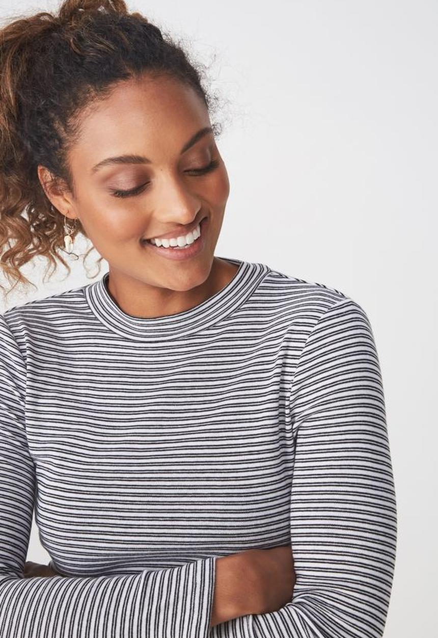 Cotton On - Mock neck chop long sleeve striped tee - white & black 