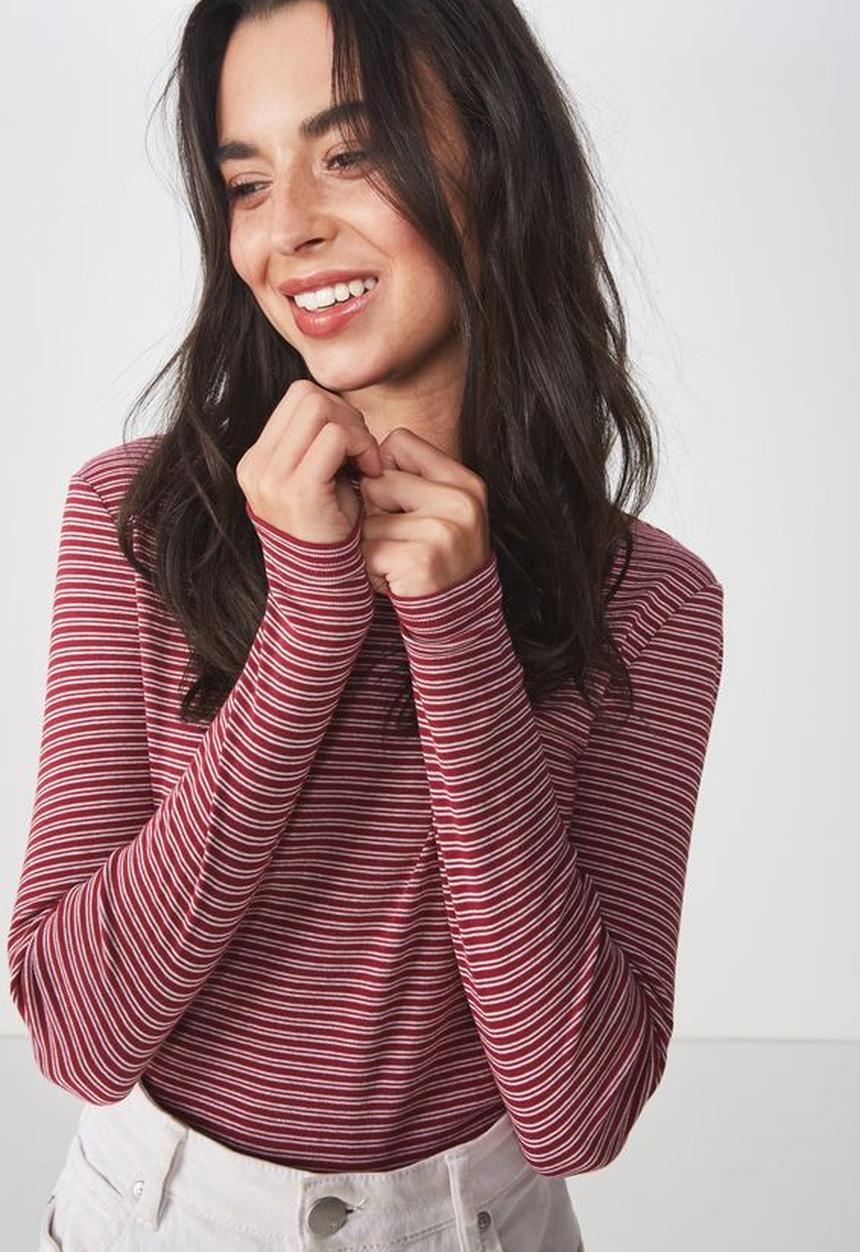 Cotton On - Mock neck chop long sleeve striped tee - burgundy & white 