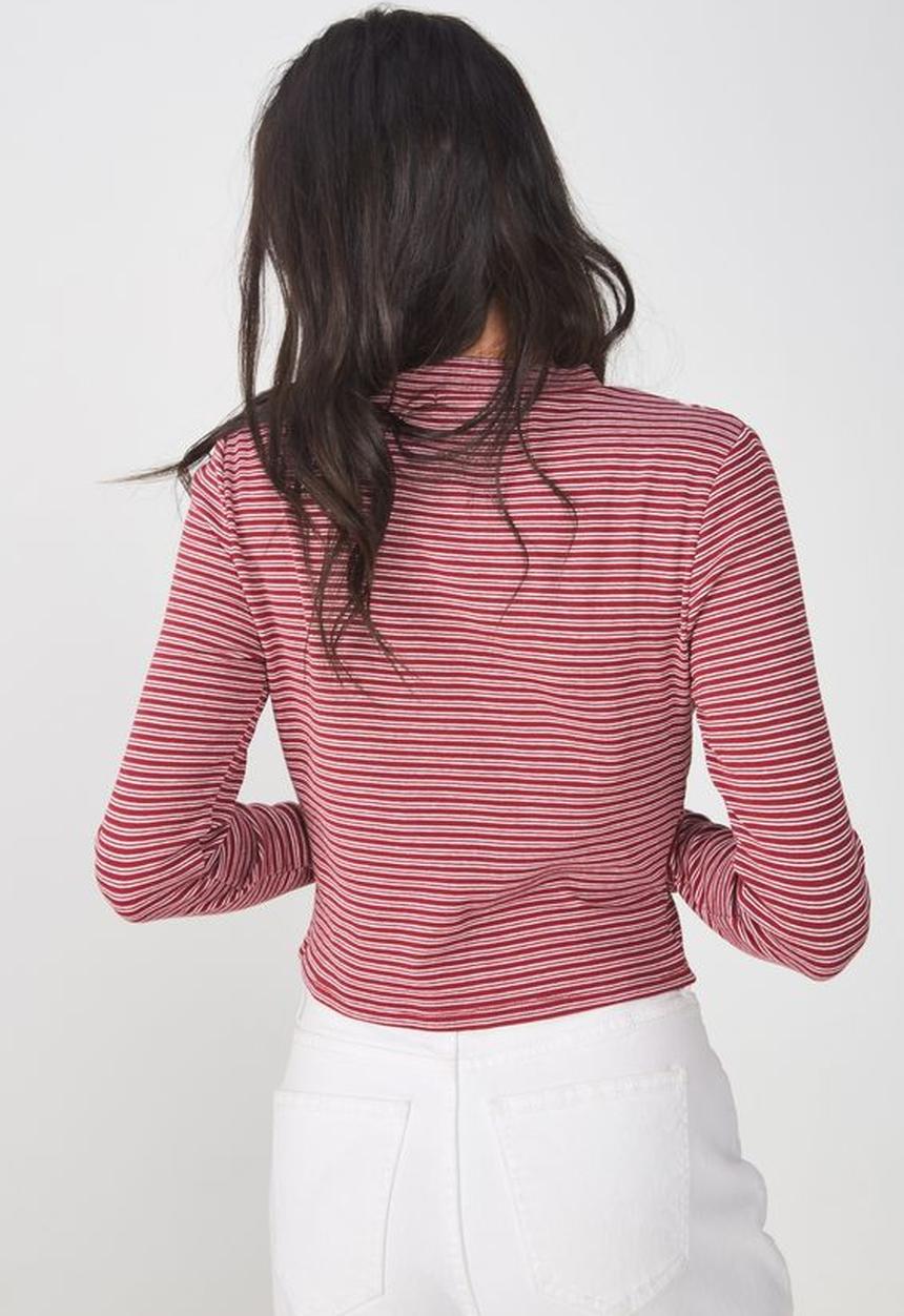 Cotton On - Mock neck chop long sleeve striped tee - burgundy & white 