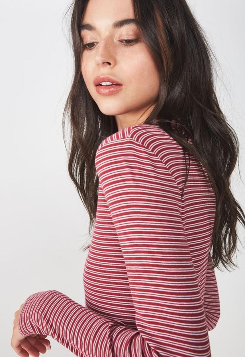 Cotton On - Mock neck chop long sleeve striped tee - burgundy & white 