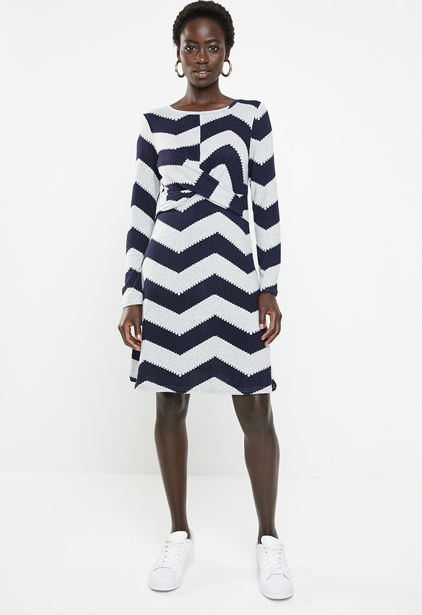 Revenge - Zig zag cross front dress - navy & grey