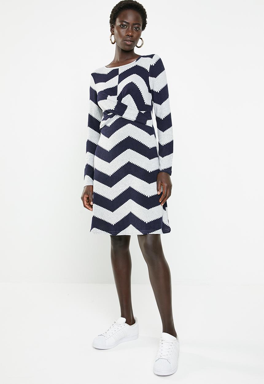 Revenge - Zig zag cross front dress - navy & grey