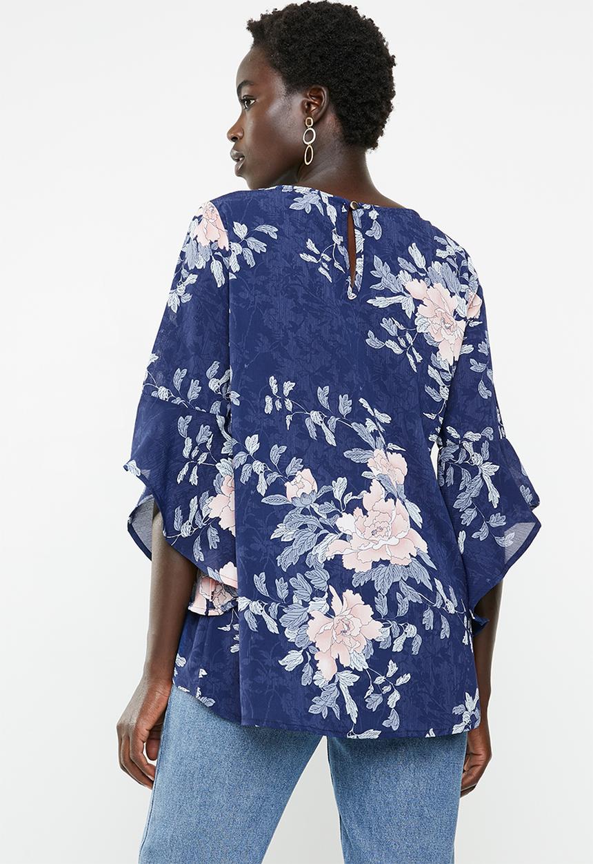 Revenge - Floral waterfall sleeve top - navy