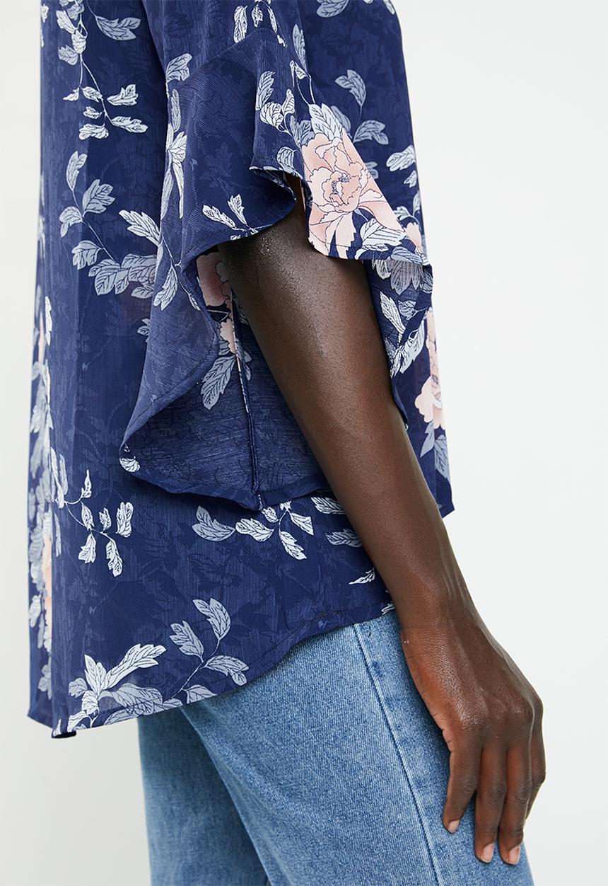 Revenge - Floral waterfall sleeve top - navy