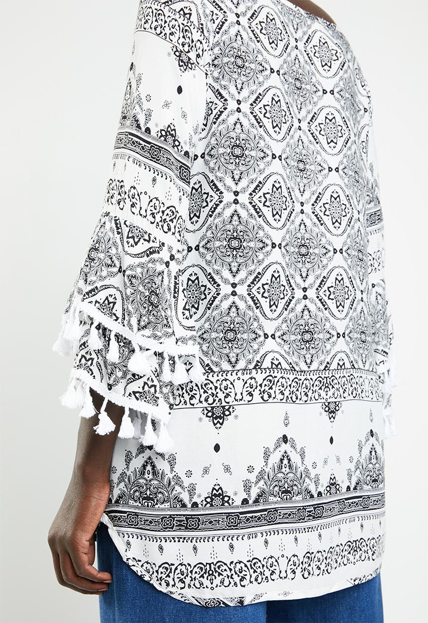 Revenge - Tassle detail printed tunic - black & white