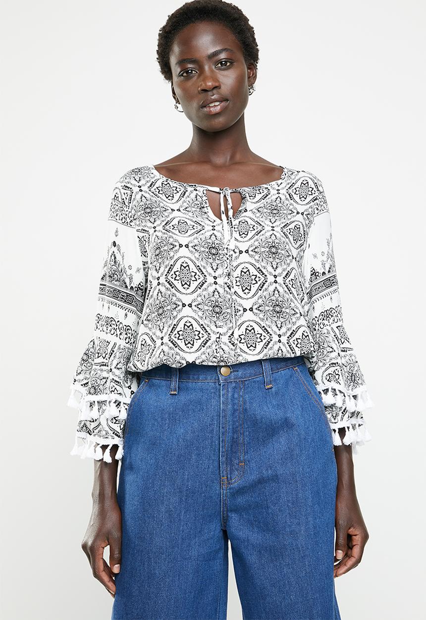 Revenge - Tassle detail printed tunic - black & white