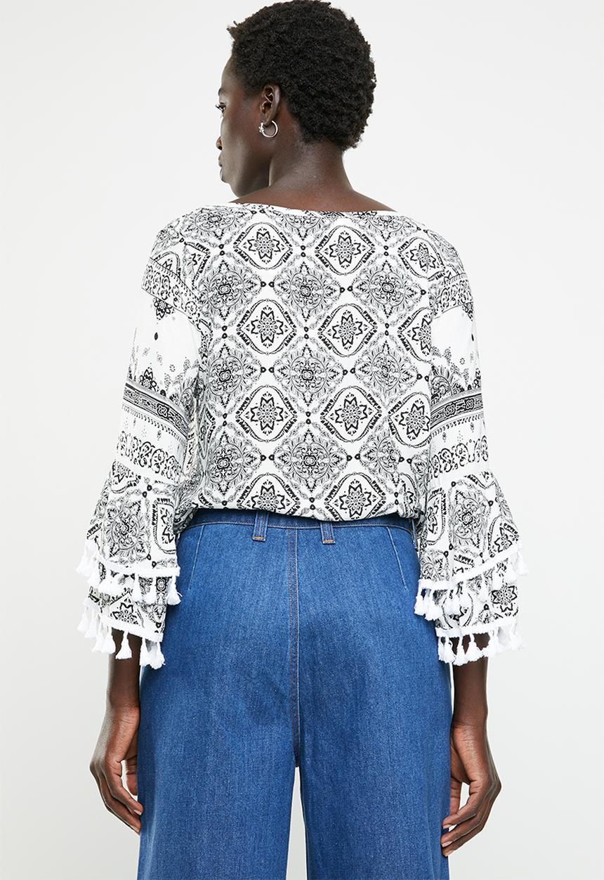 Revenge - Tassle detail printed tunic - black & white