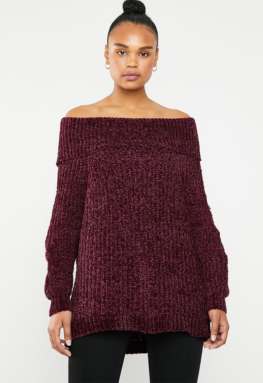 Brave Soul - Chunky bardot knit - burgundy