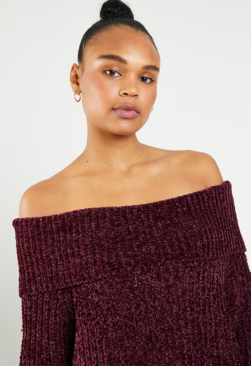 Brave Soul - Chunky bardot knit - burgundy