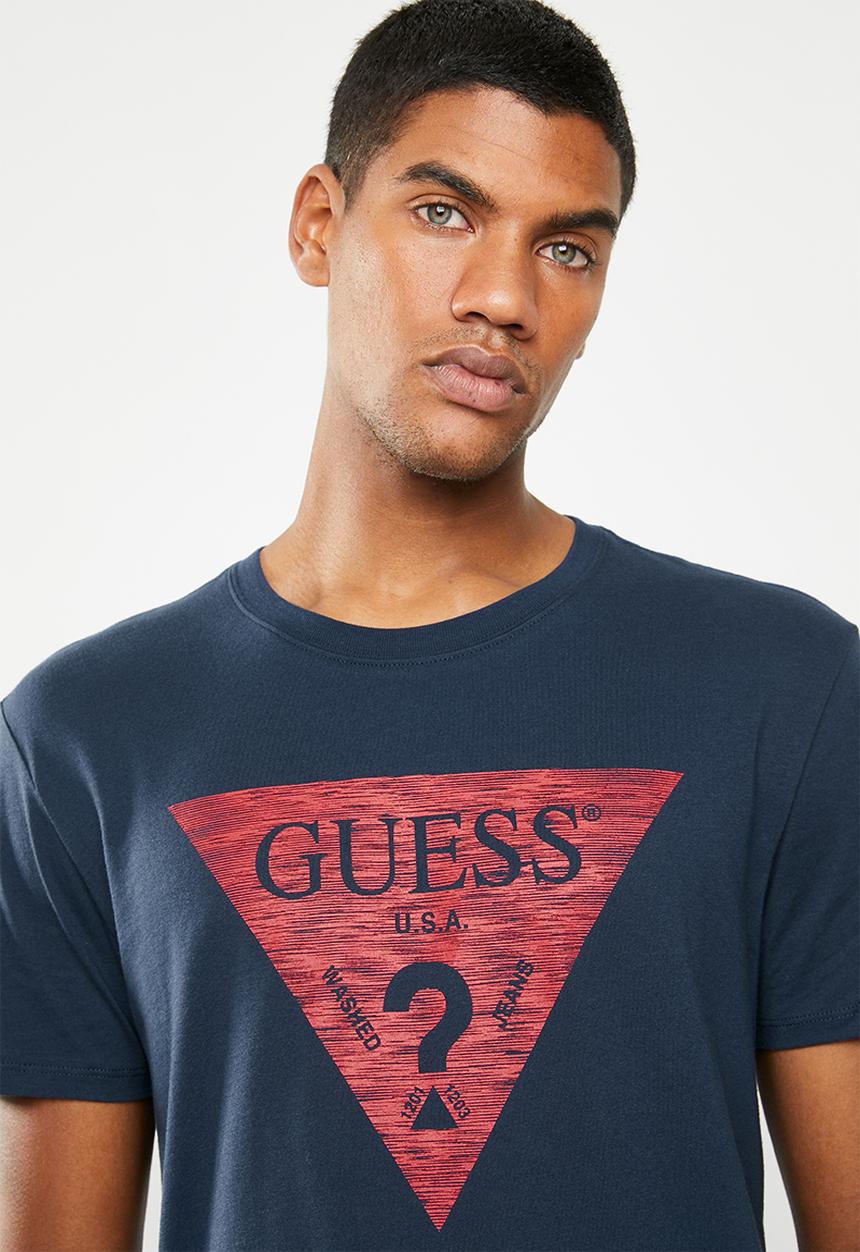 GUESS - Short sleeve basic linear logo crew tee - navy