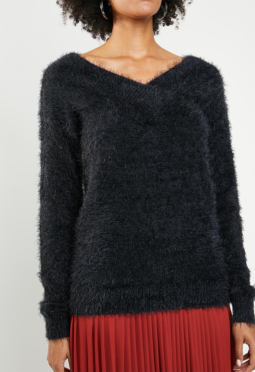 Brave Soul - Eyelash jersey with V-front and back - black