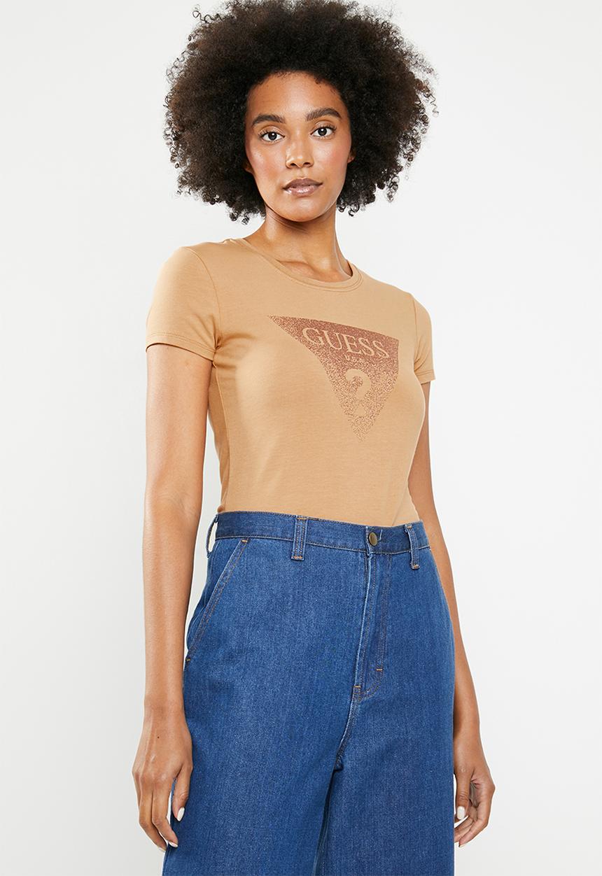 GUESS - Short sleeve ombre glitter T-shirt - brown
