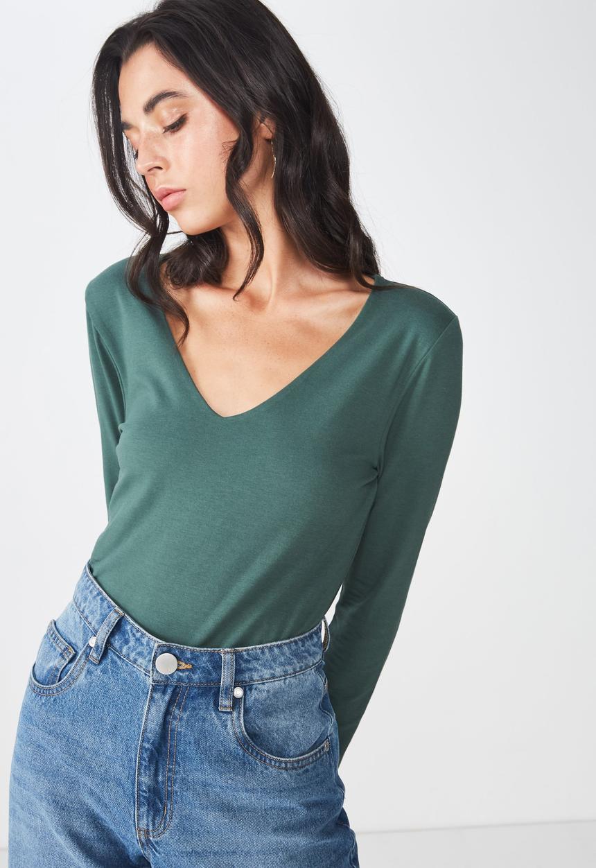 Cotton On - Everyday long sleeve v-neck top - green