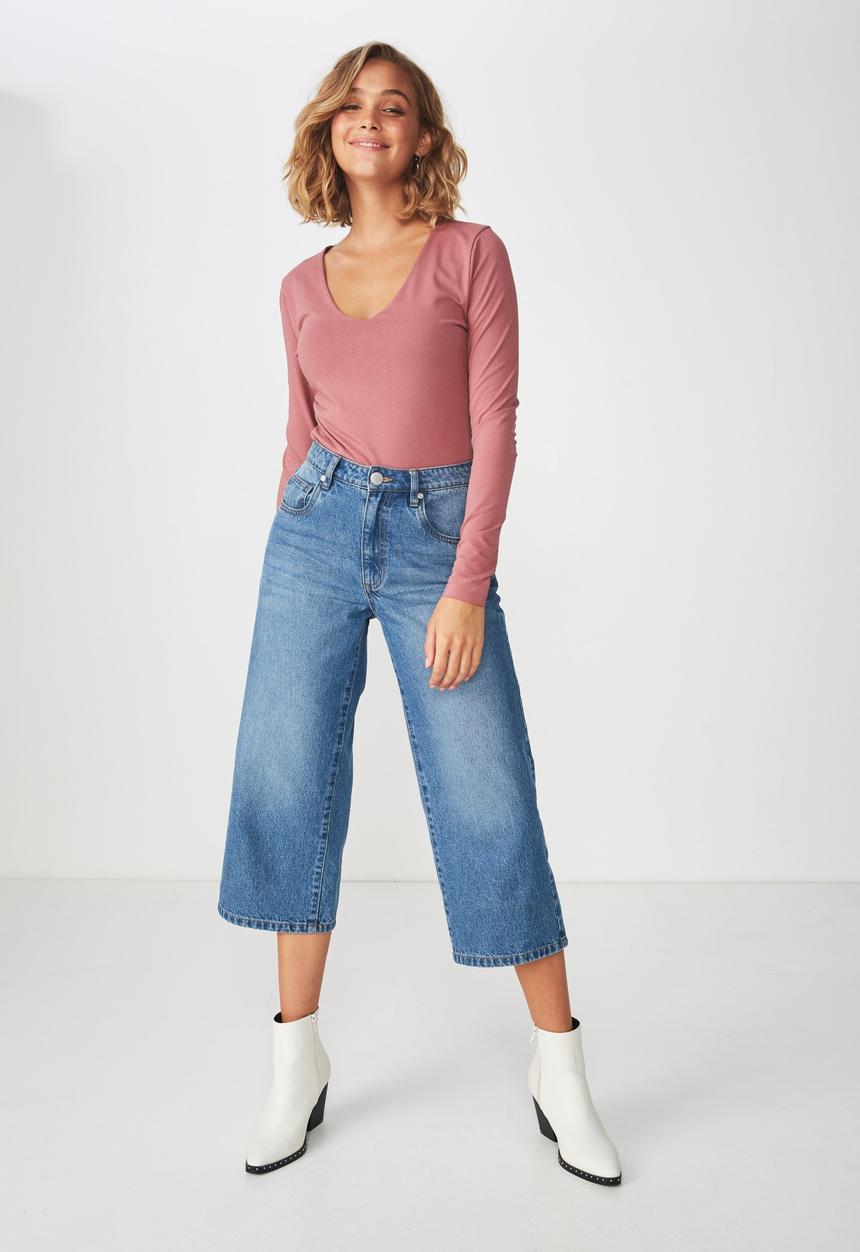 Cotton On - Everyday long sleeve v-neck top - pink
