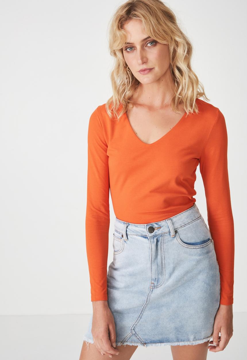 Cotton On - Everyday long sleeve v-neck top -  orange 