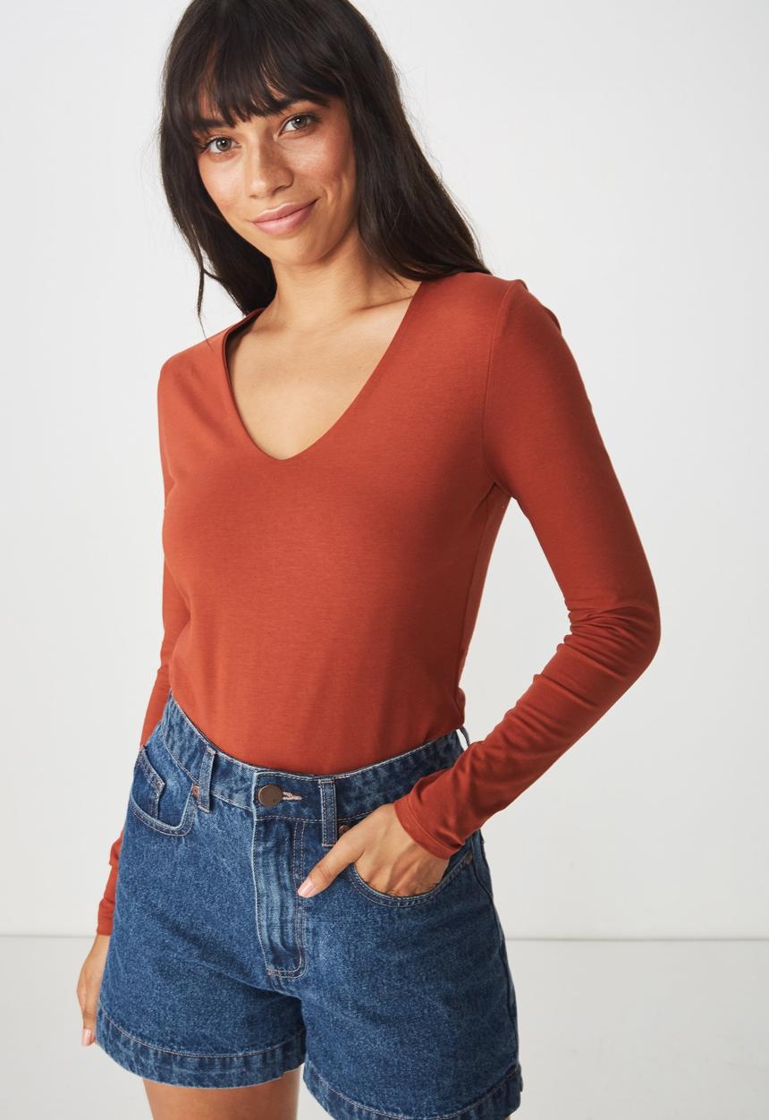 Cotton On - Everyday long sleeve v-neck top - rust 
