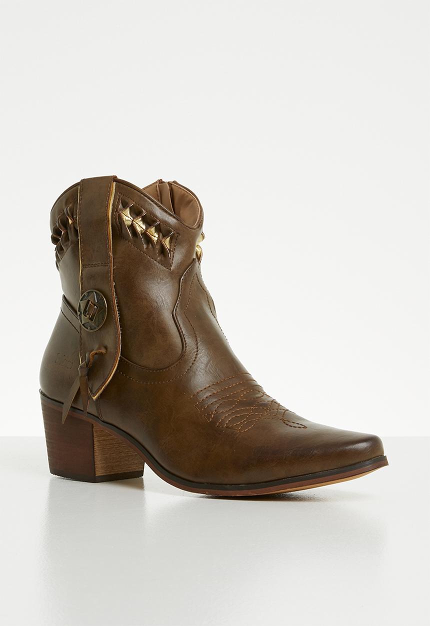 Plum - Faux leather laser-cut ankle boot - brown & gold