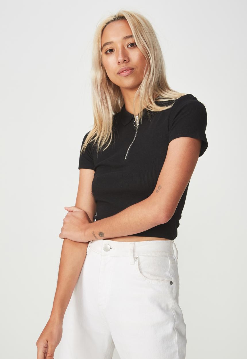 Cotton On - Nadine zip front short sleeve top - black