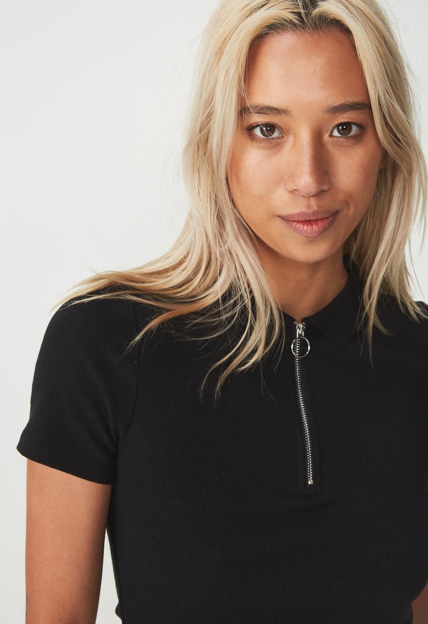 Cotton On - Nadine zip front short sleeve top - black