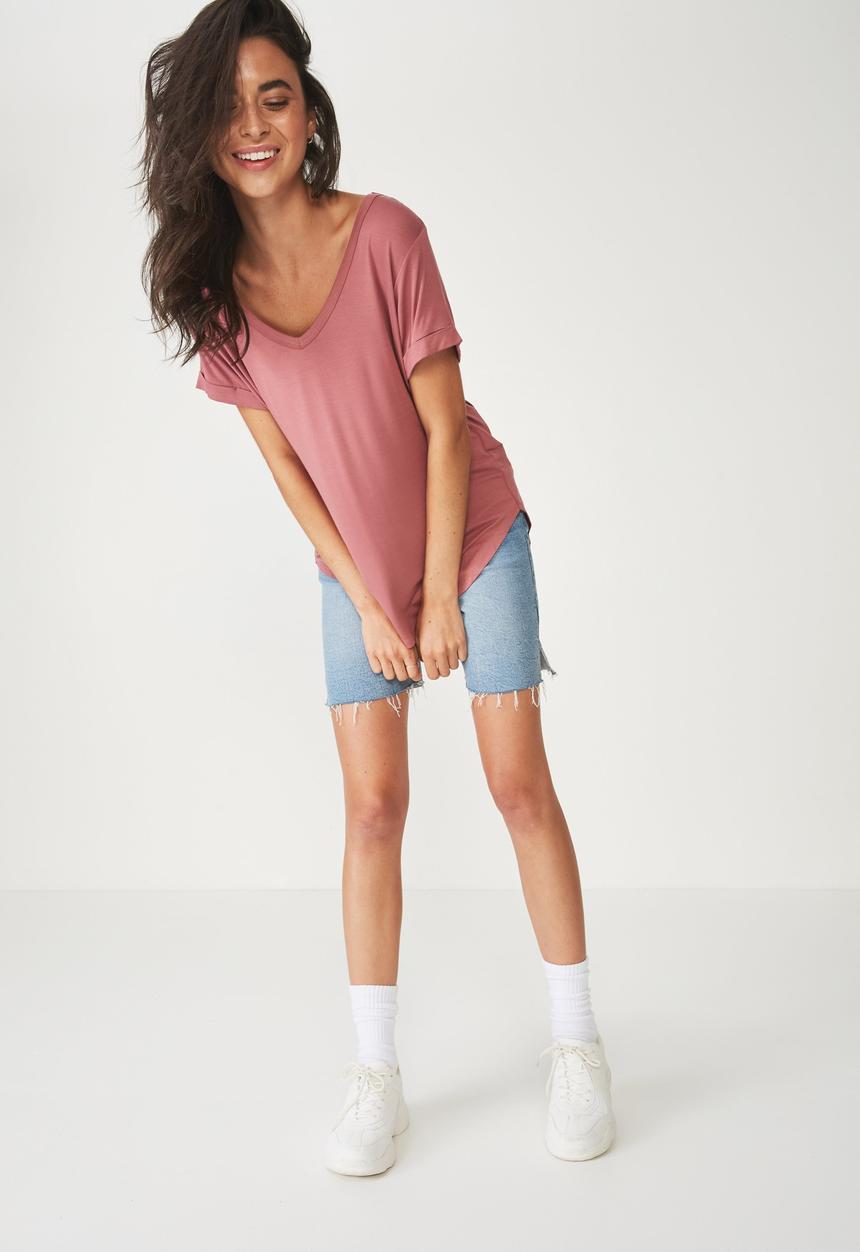 Cotton On - Karly short sleeve v neck top - pink
