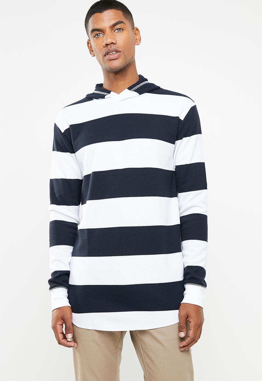 Cotton On - Stripe hooded waffle long sleeve T-shirt - white & navy