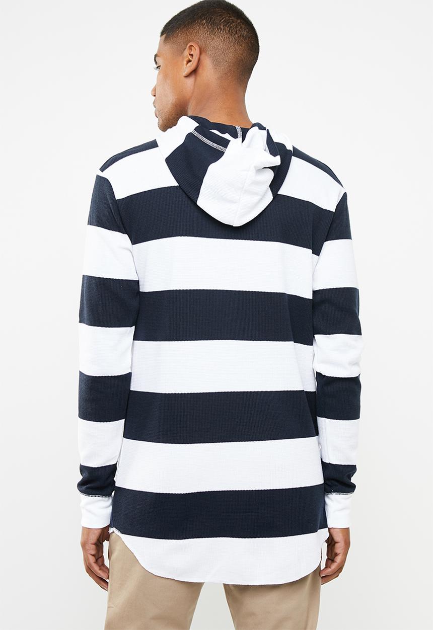 Cotton On - Stripe hooded waffle long sleeve T-shirt - white & navy
