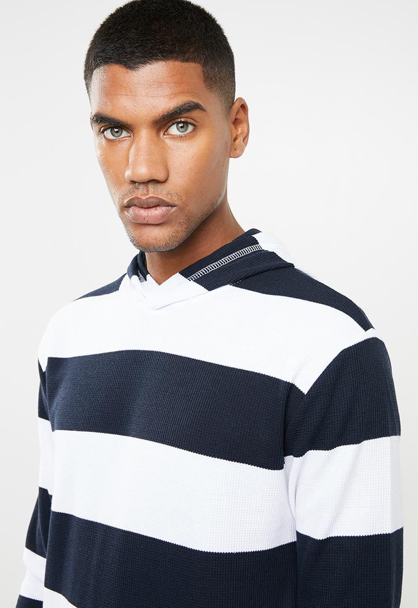 Cotton On - Stripe hooded waffle long sleeve T-shirt - white & navy