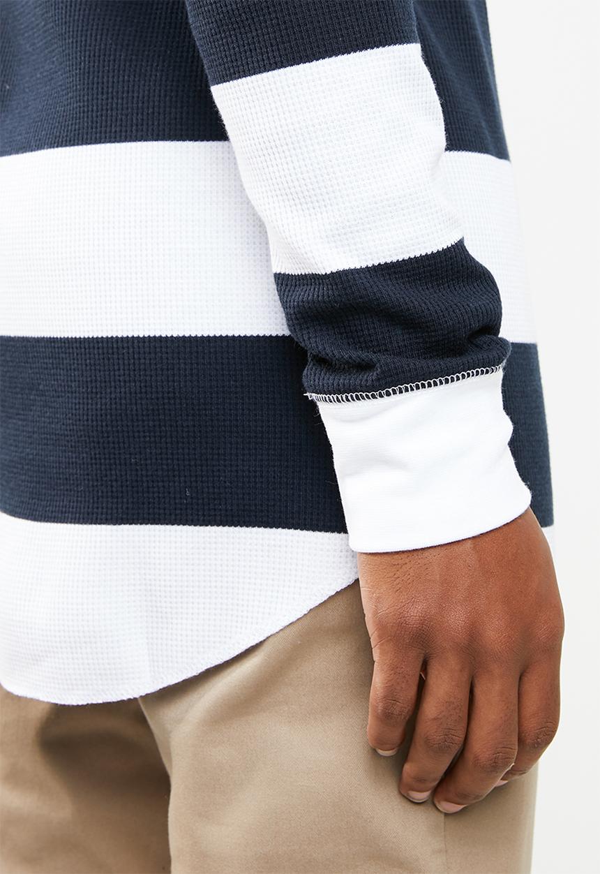 Cotton On - Stripe hooded waffle long sleeve T-shirt - white & navy