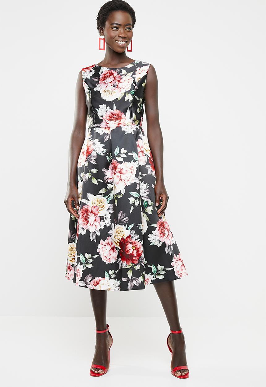 edit - Fit and flare dress with round neckline - black, pink & green
