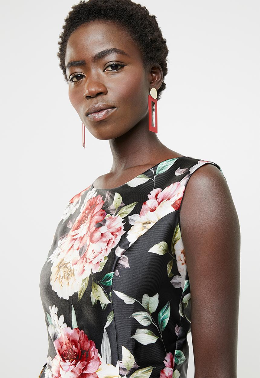 edit - Fit and flare dress with round neckline - black, pink & green
