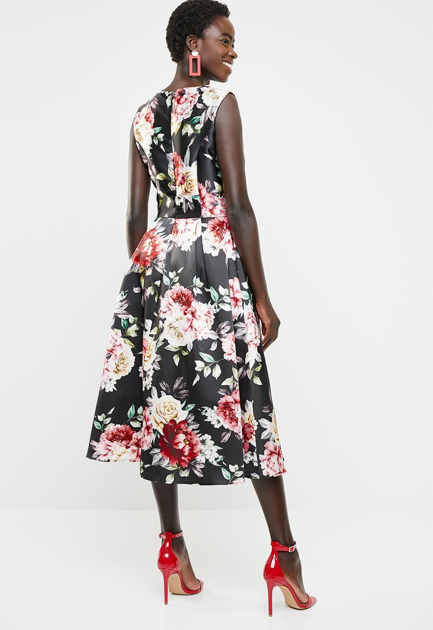 edit - Fit and flare dress with round neckline - black, pink & green