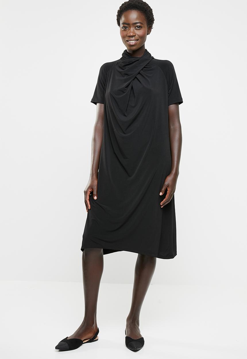 edit - Shift dress with drape neck detail - black