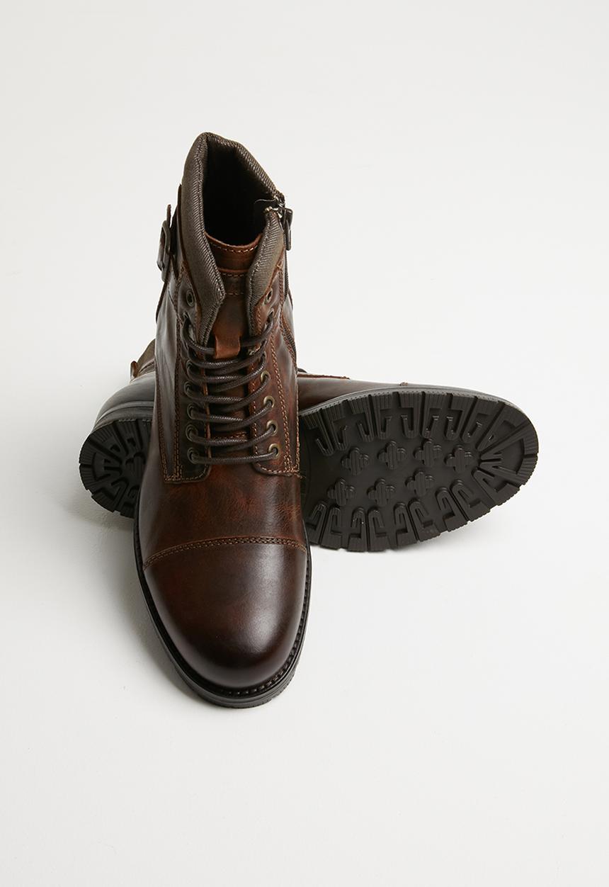 Jack & Jones - Albany leather military boot - brown