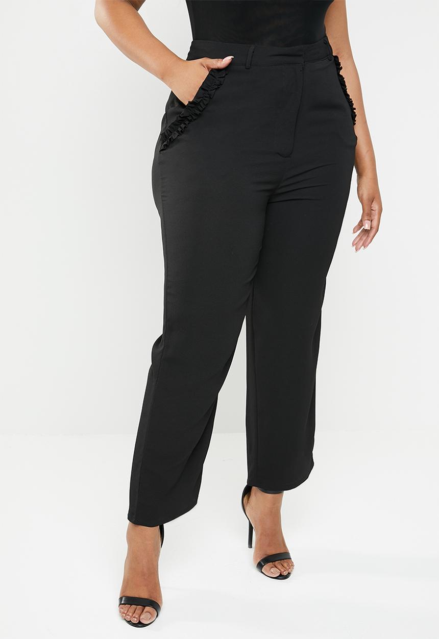Brave Soul - Plus size cropped trouser with side ruffle detail - black