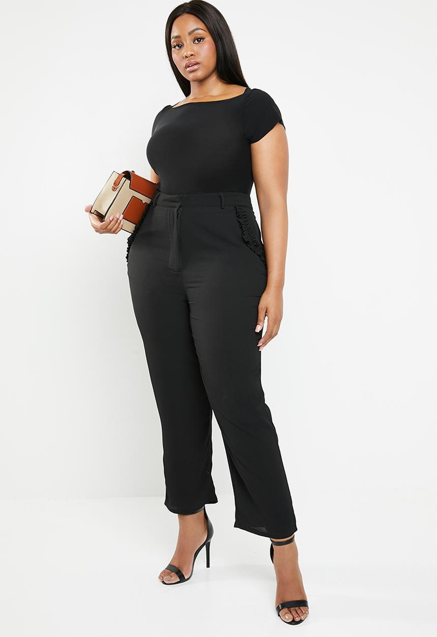 Brave Soul - Plus size cropped trouser with side ruffle detail - black