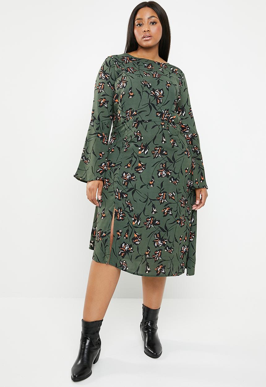 Brave Soul - Plus size asymmetric floral dress with bell sleeves - multi