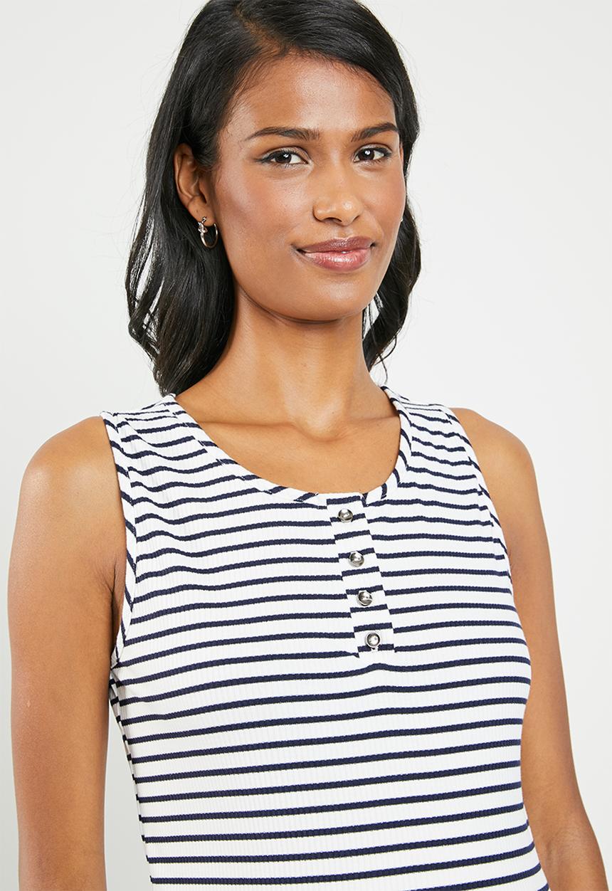 edit Maternity - Button down ribbed dress - navy & white