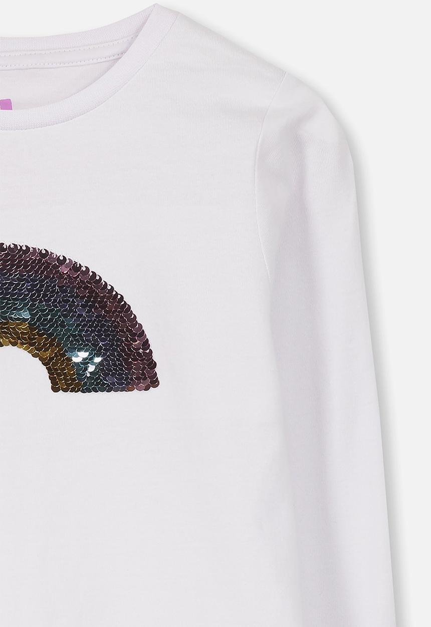 Cotton On - Anna long sleeve sequin rainbow tee - white