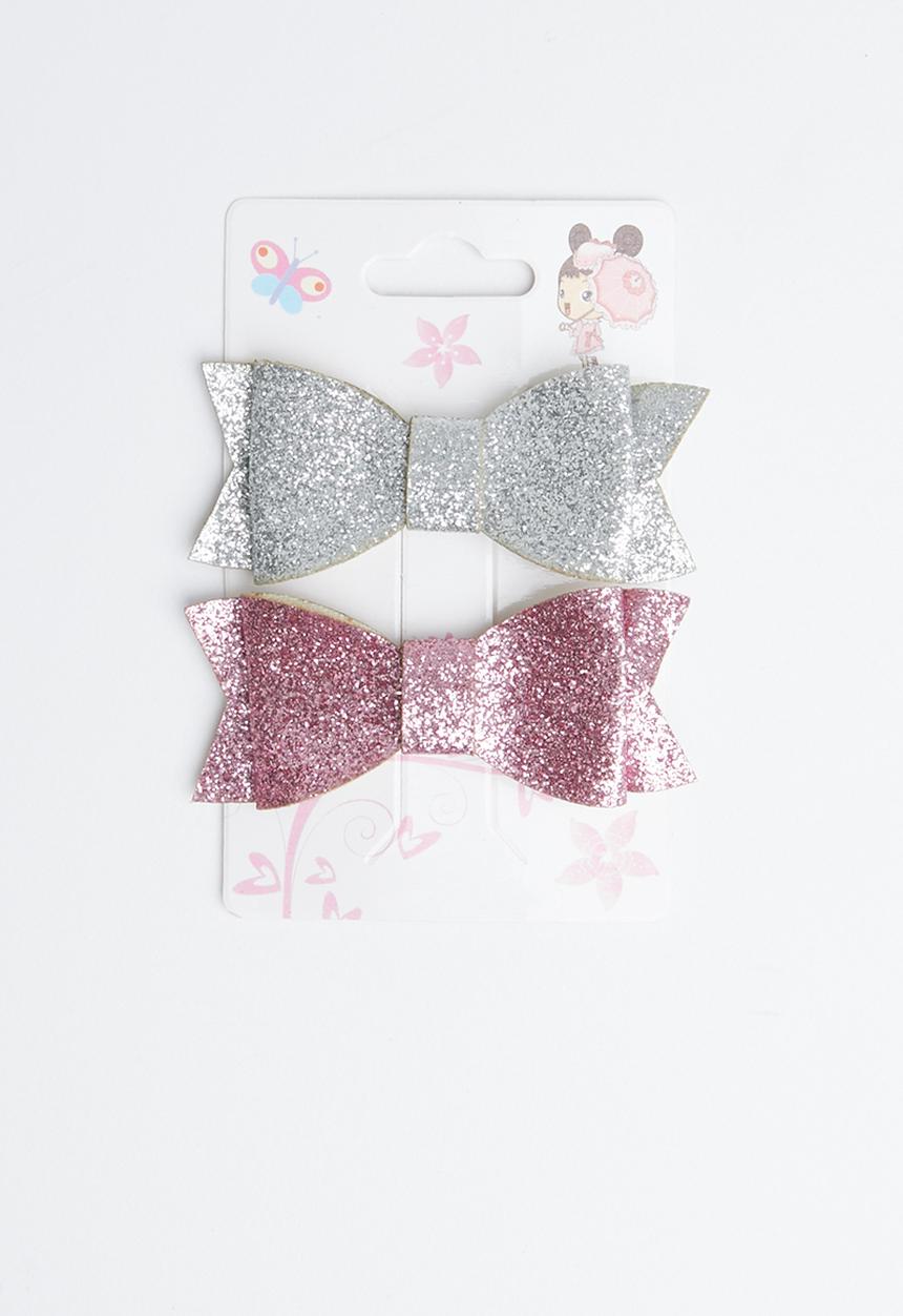 Pop Candy - Glitter bow hairclips - grey & pink