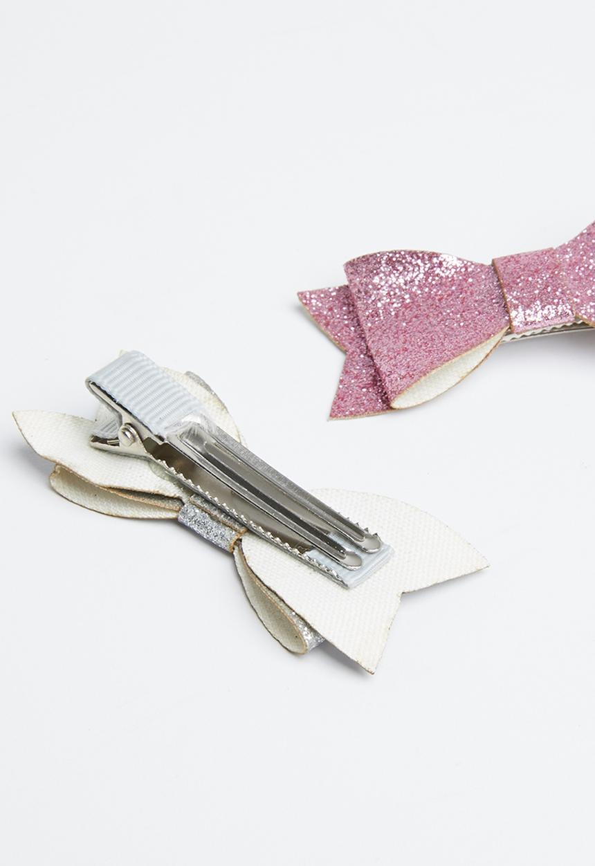 Pop Candy - Glitter bow hairclips - grey & pink