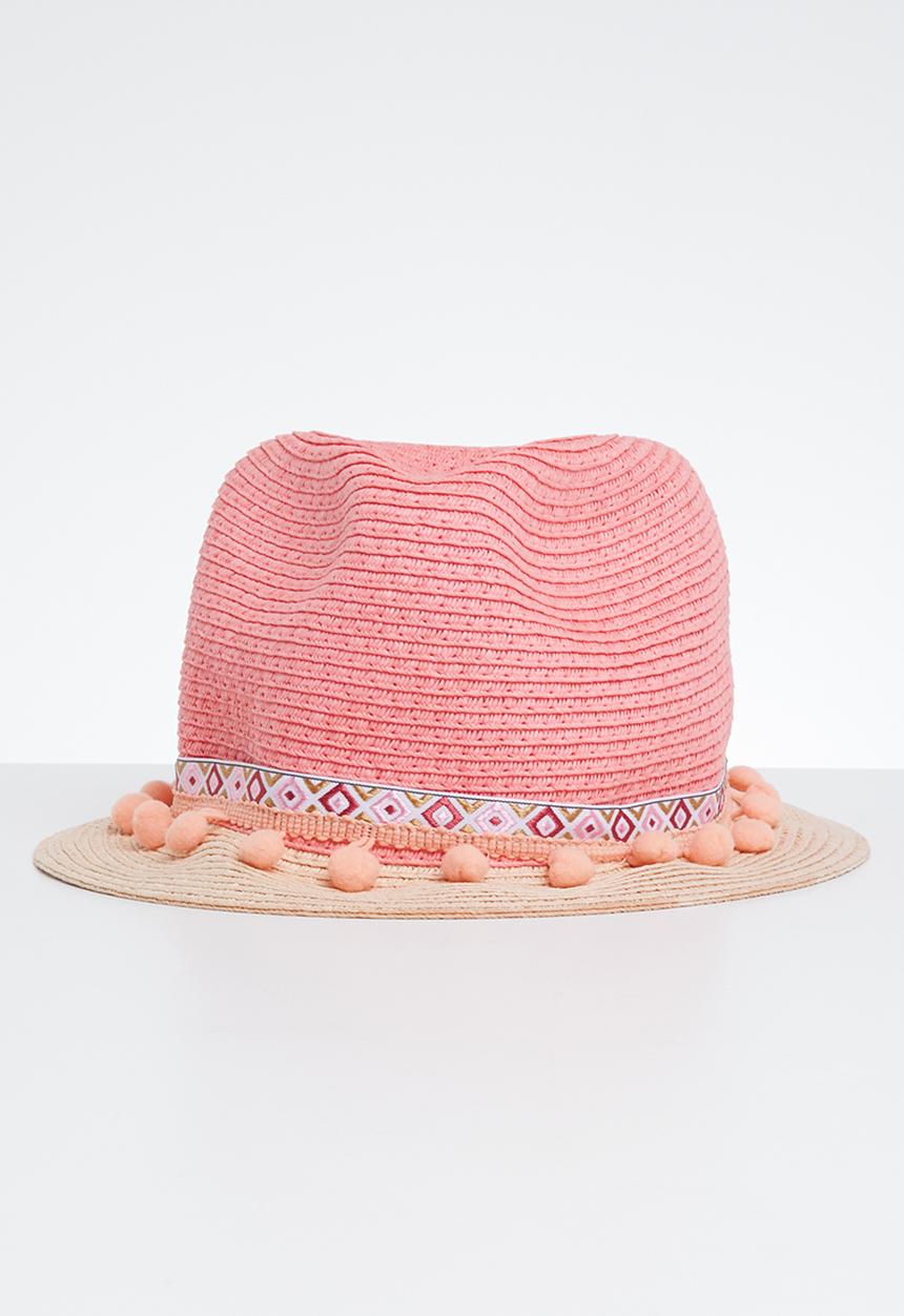 Pop Candy - Straw fedora with pom-pom detail - pink