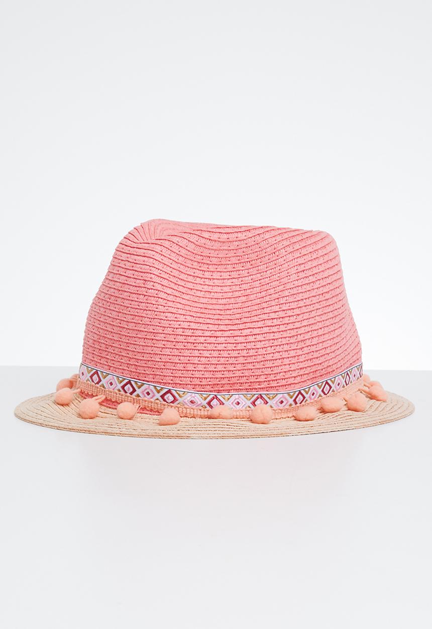 Pop Candy - Straw fedora with pom-pom detail - pink