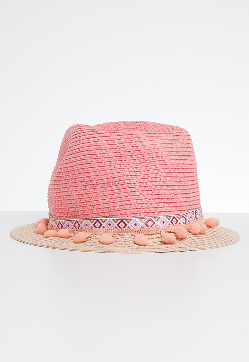 Pop Candy - Straw fedora with pom-pom detail - pink