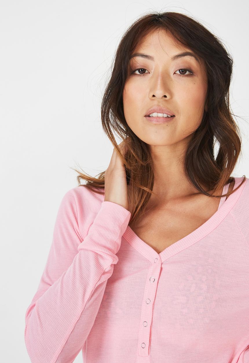Cotton On - Rib henley long sleeve top - pink