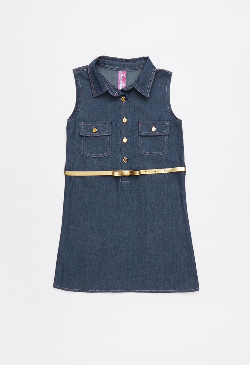 Pop Candy - Front pockets buttoned sleeveless belted shirt dress - blue