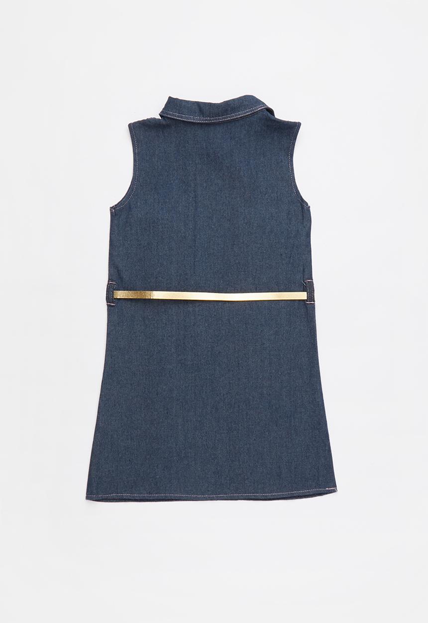Pop Candy - Front pockets buttoned sleeveless belted shirt dress - blue