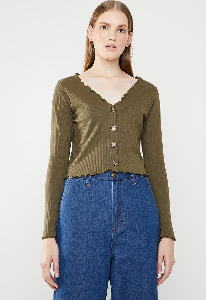 Missguided - Horn button lettuce long sleeve crop top - khaki